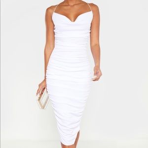 White Crinkle Texture Ruched Cowl Neck Mid Dress